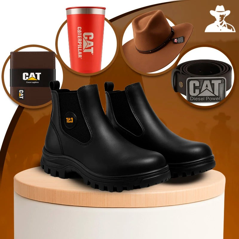 Kit Bota Masculina Adventure em Couro Legítimo e Palmilha Ortopédica +BRINDES: Chapéu, Cinto, Faca, Carteira e Copo