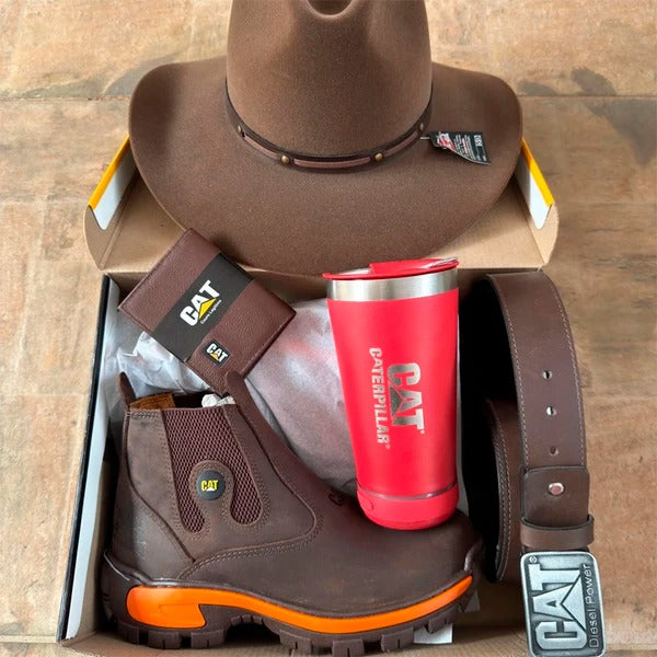 Kit Bota Masculina Adventure em Couro Legítimo e Palmilha Ortopédica +BRINDES: Chapéu, Cinto, Faca, Carteira e Copo