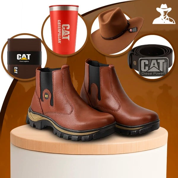 Kit Bota Masculina Adventure em Couro Legítimo e Palmilha Ortopédica +BRINDES: Chapéu, Cinto, Faca, Carteira e Copo