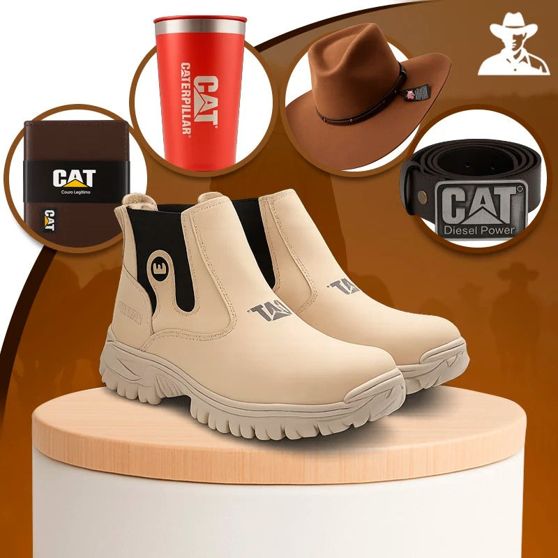 Kit Bota Masculina Adventure em Couro Legítimo e Palmilha Ortopédica +BRINDES: Chapéu, Cinto, Faca, Carteira e Copo